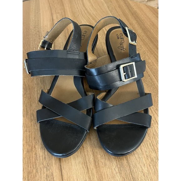 Euro Soft by Sofft Maria Sandals Strappy Black Leather Block Heels Women's‎ 8 - Picture 1 of 5